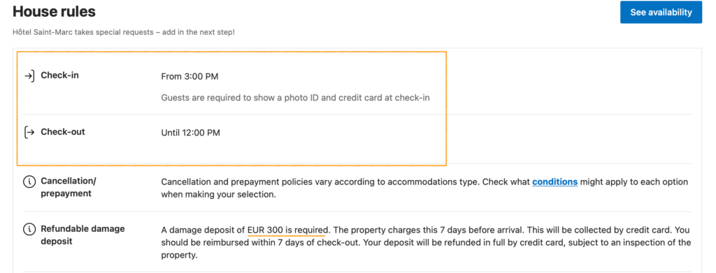 A photo showing the house rules of a random hotel for a how to use Booking.com tutorial