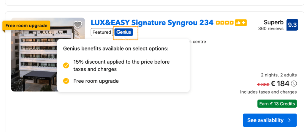 A photo showing the "Genius" sign on a hotel listing