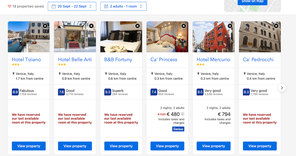 A photo showing a list of hotels on Booking.com