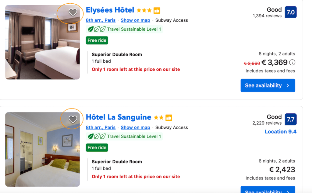 A photo showing how to add hotels to your favorites list when you use Booking.com