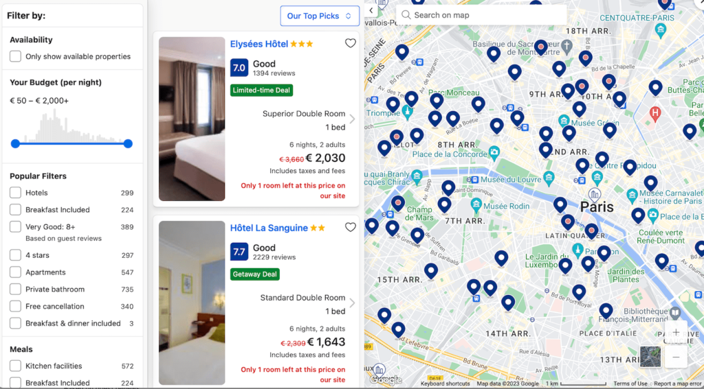 Map on Booking.com search results