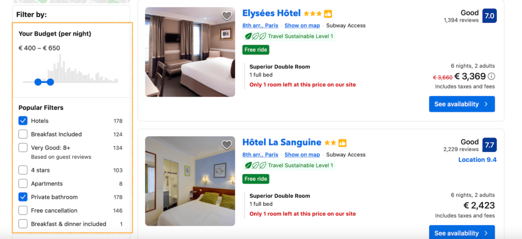 A photo showing how to add more filters when using Booking.com