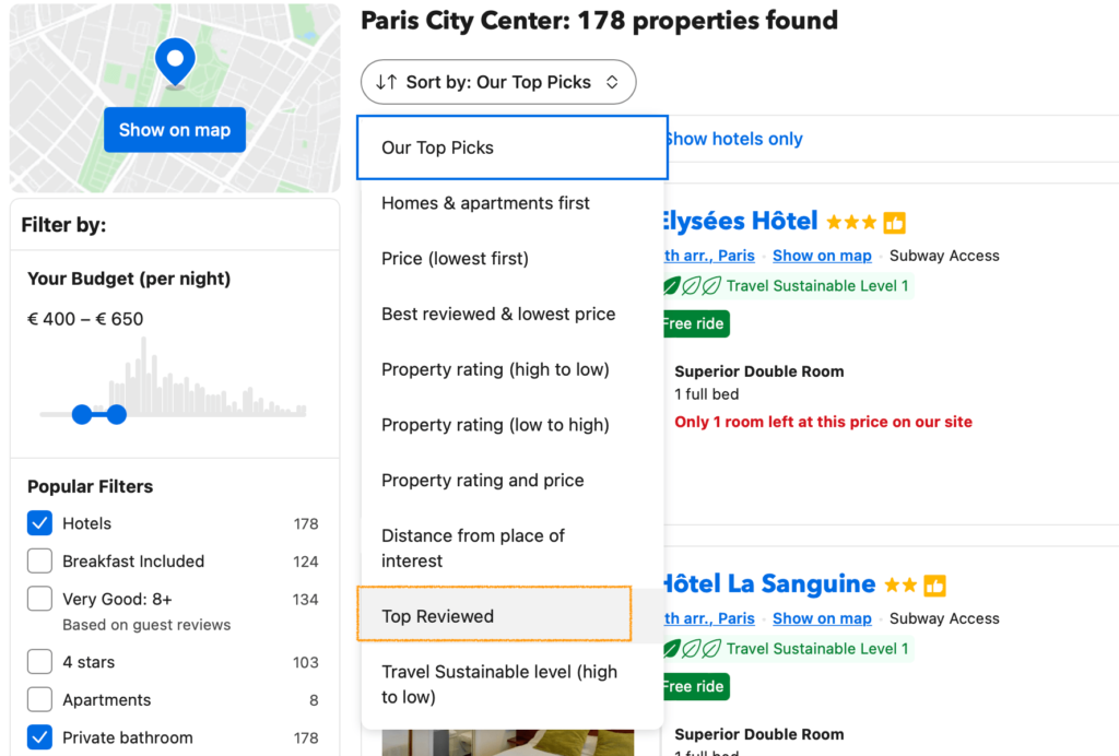 A photo showing how to sort your Booking.com results by Top Reviewed
