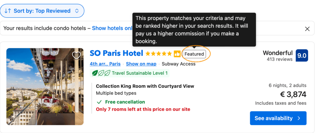 A photo showing the Featured sign on Booking hotel platform