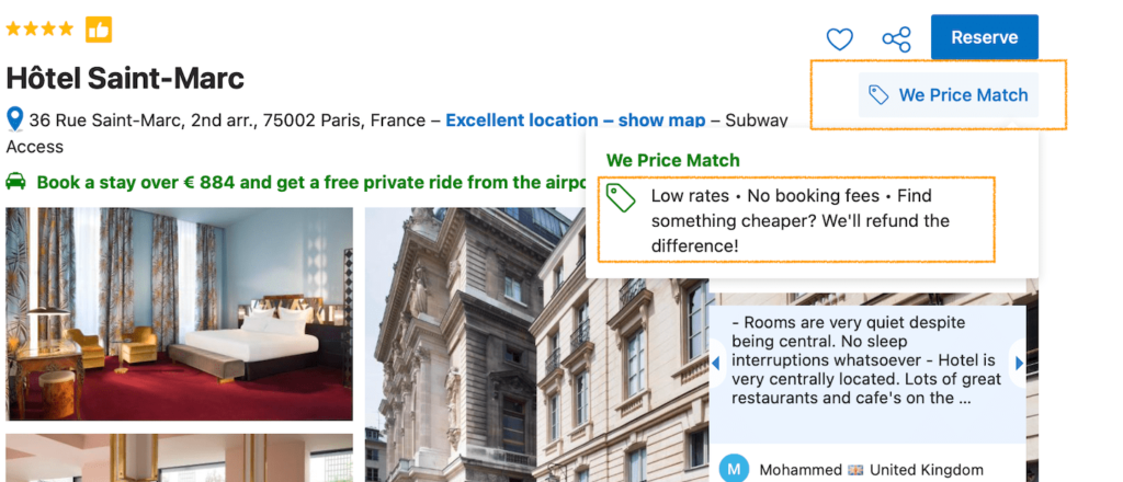 A photo showing the "We price match" sign on Booking