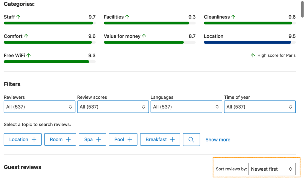 A photo showing how to sort reviews by newest when you use Booking.com