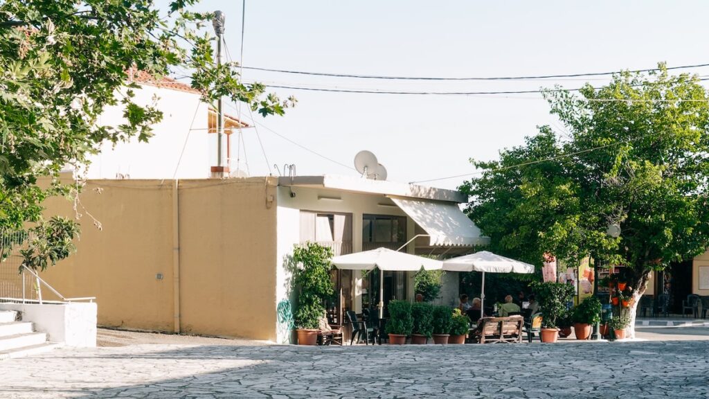 A photo of the main square of the small mountainous village Lepreo. The village lies approximately thirty minutes away from Zacharo.