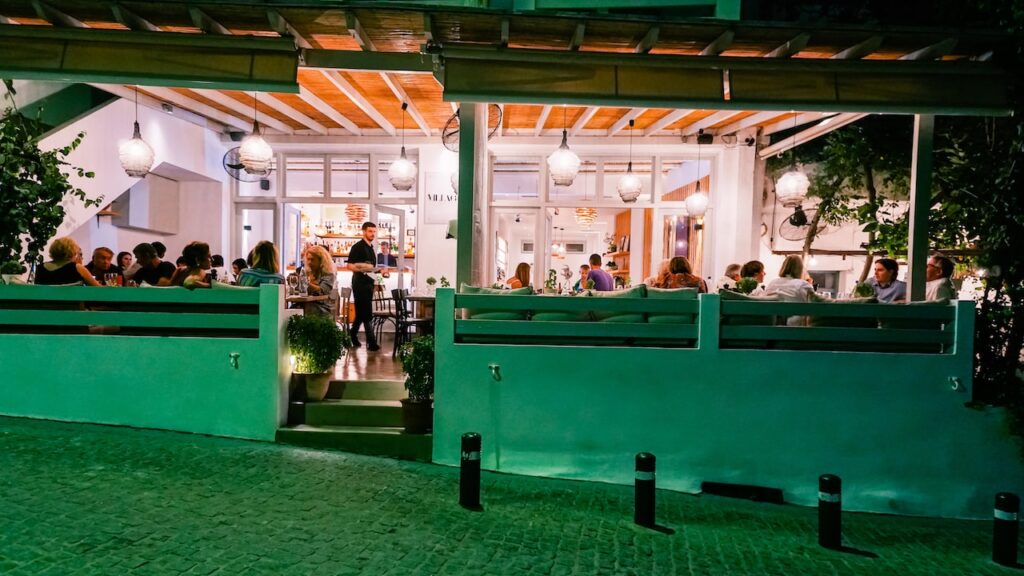 A photo of Villagio restaurant at night in Skyros