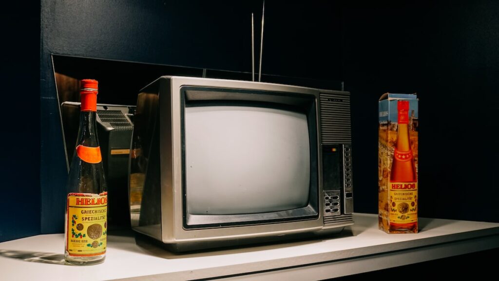 A photo of a TV and Greek spirits presented at the DDR Museum Berlin as a proof of the luxury lifestyle of East German leaders