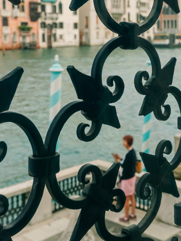 A window at the Guggenheim Collection overlooking the Grand Canal and the palazzo's veranda