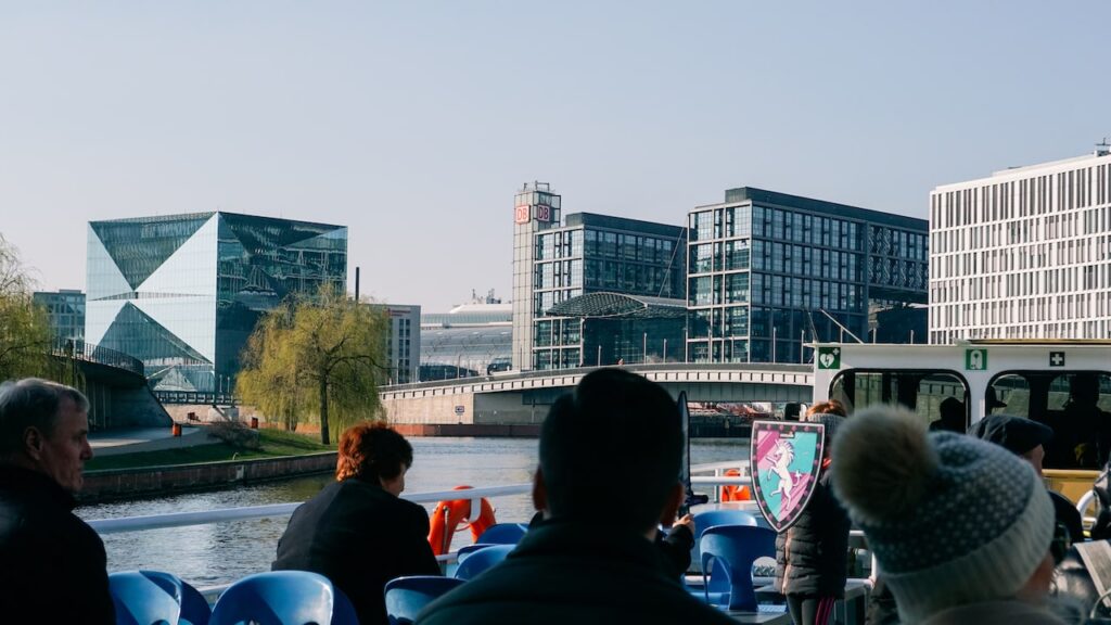 People on River Spree Boat Trip heading toward the Main Train Station of Berlin