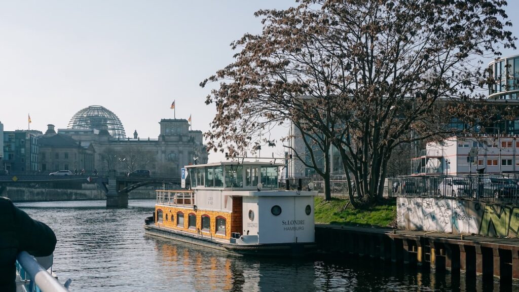 The Reichstag and the Government District in Berlin, seen from a boat