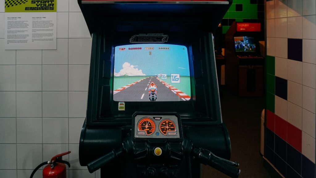 A retro arcade game featuring a motorcycle