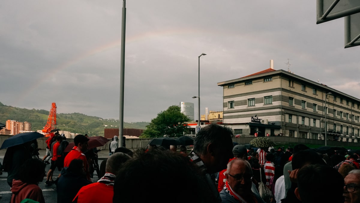 A rainbow outside the San Mames stadium in Bilbao, Spain