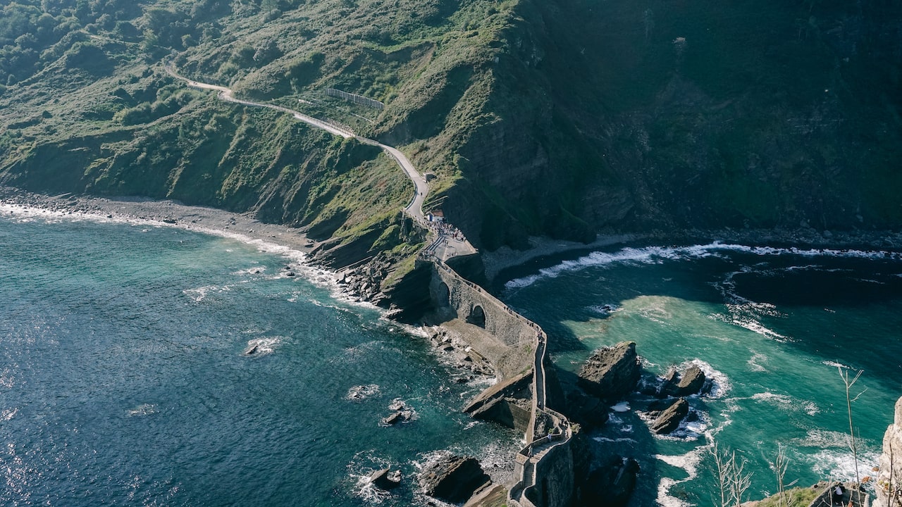 View of the brigde and the Atlantic Ocean from the top of San Juan de Gaztelugatxe in Spain