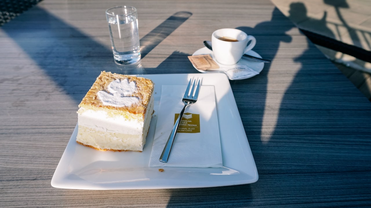 The famous Bled Cake served at the terrace of Park Hotel in Slovenia