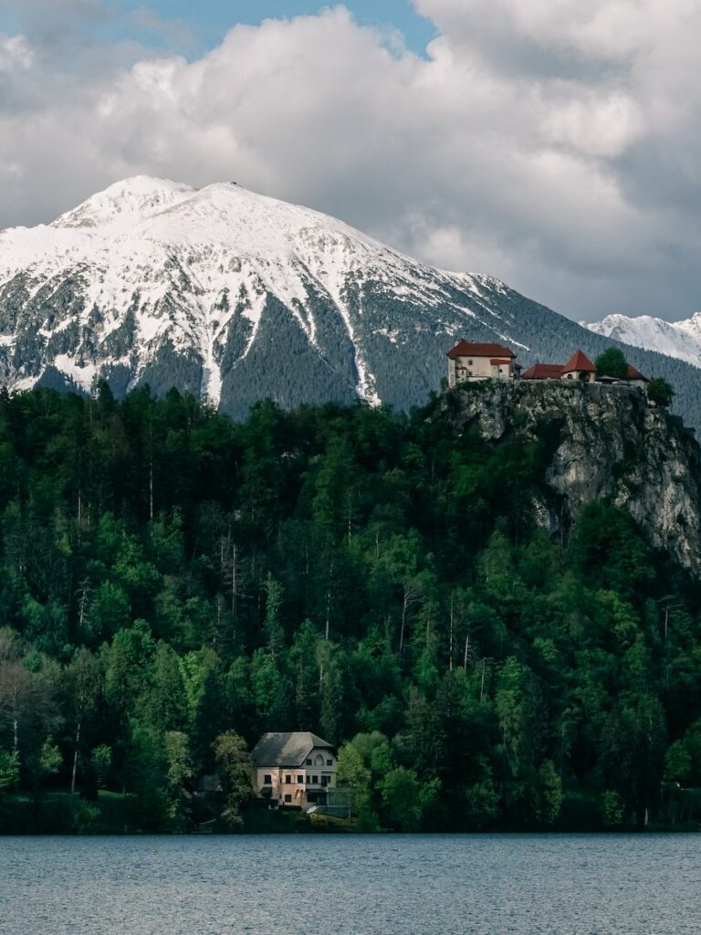 Great views of Bled Castle and the snow capped mountains while rowing towards Bled Island