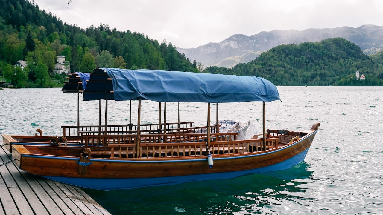 A traditional Pletna Boat at Lake Bled in Slovenia