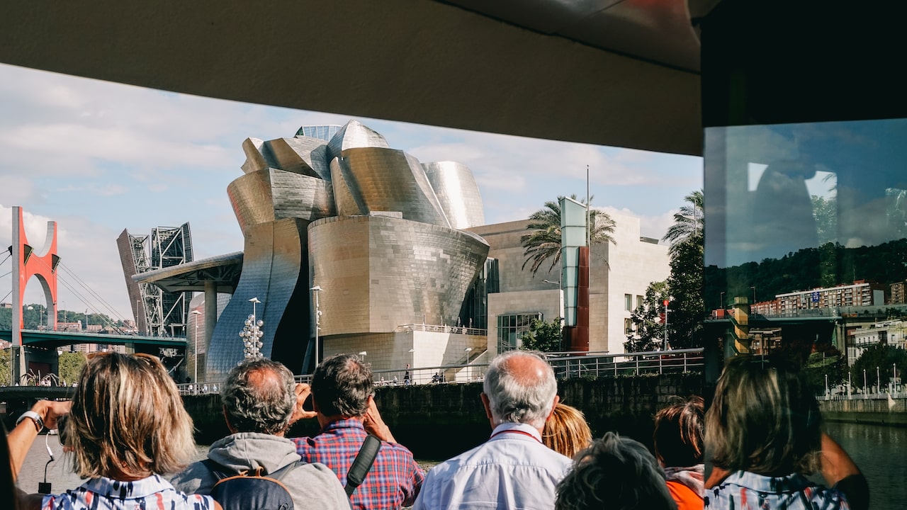 The Guggenheim Museum in Bilbao as seen during a boat tour in Nervion River