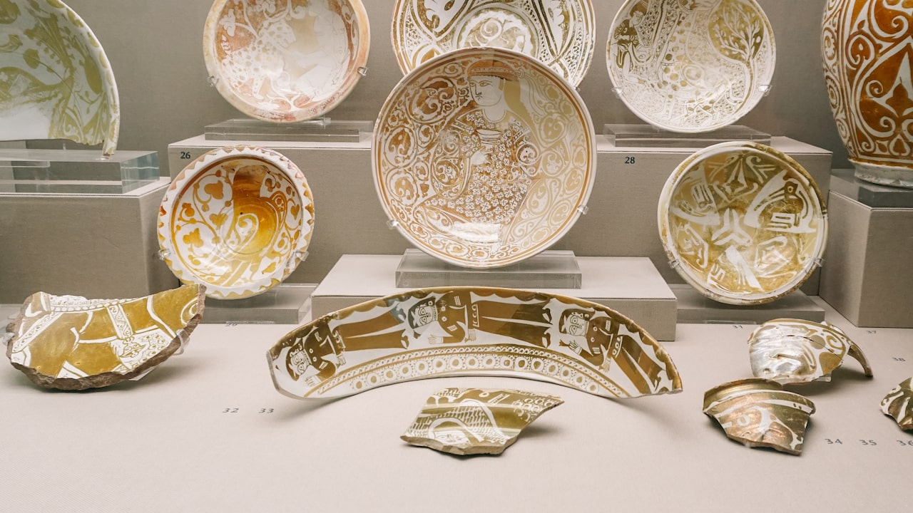 Dishes decorated with human figures Egypt 11th century featured at the Benaki Museum of Islamic Art in Athens