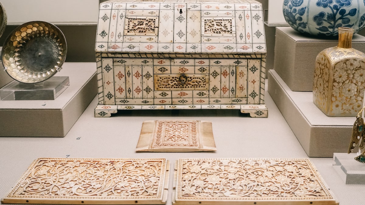 Ivory casket decorated with incised black at the Benaki Museum Of Islamic Art Athens
