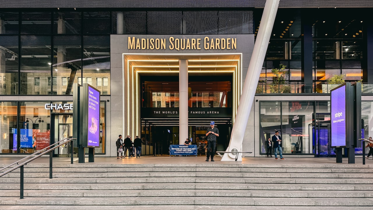 One of the entrances of the iconic Madison Square Garden an hour before a New York Knicks NBA game