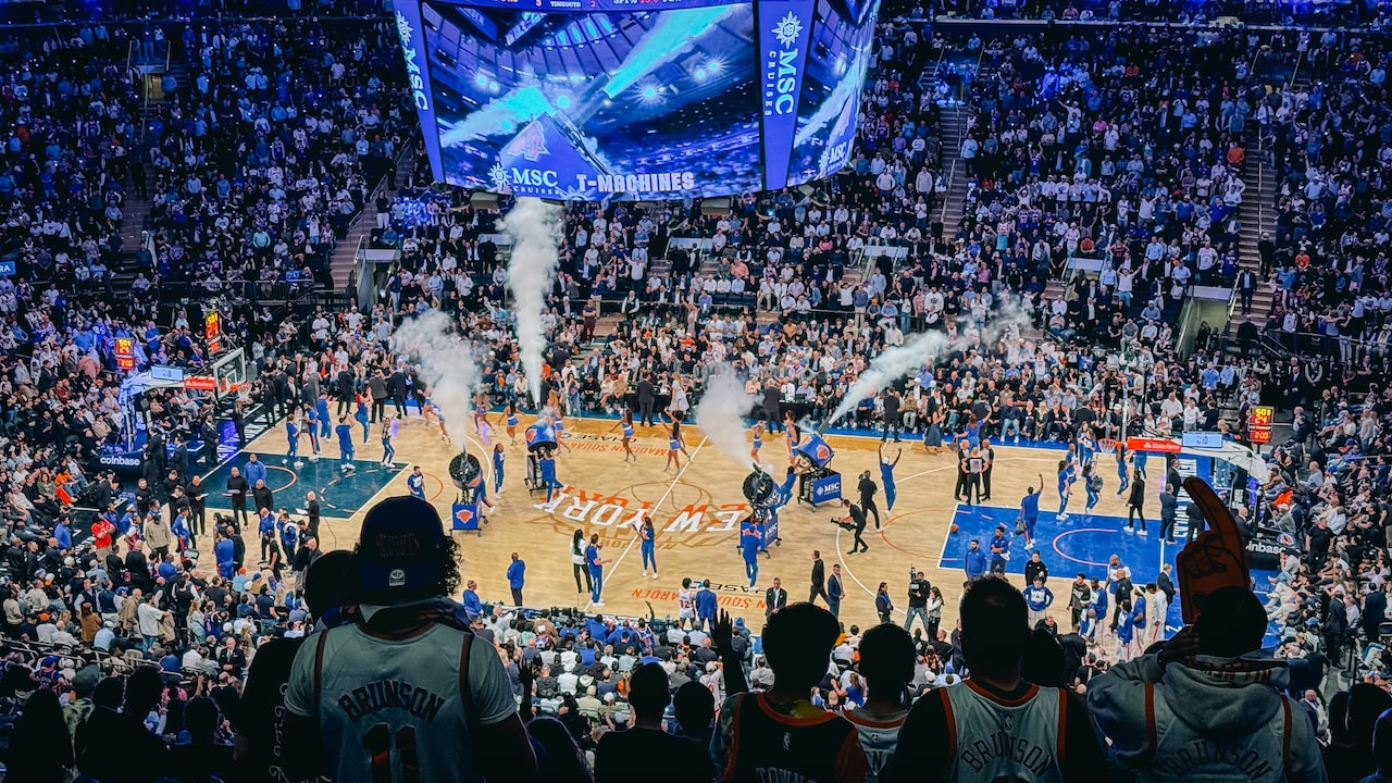 T-Machines throwing t-shirts to the crowd during a time out of the NBA Game Knicks vs Pistons