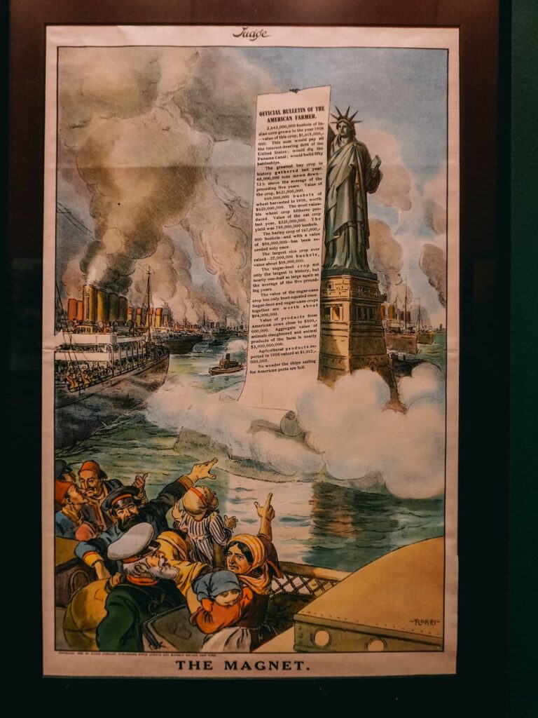An old advertisement portraying the Statue of Liberty presenting the work opportunities in the United States of America