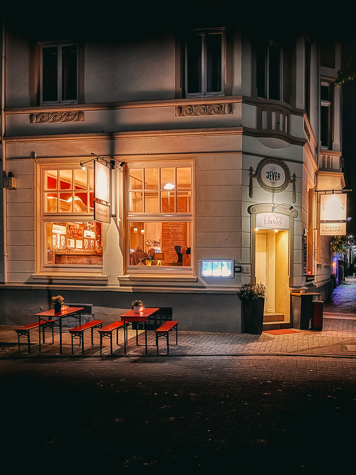 A night shot of a restaurant in Osnabruck, Germany, taken with an iPhone