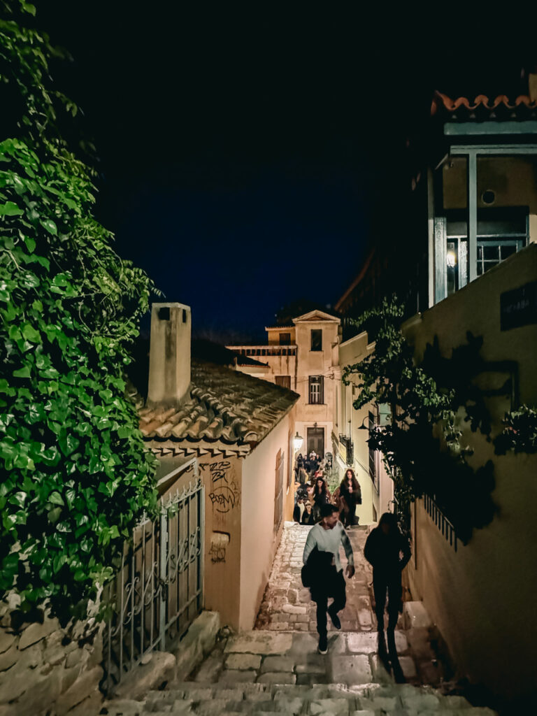 The neighborhood of Plaka in Athens at night