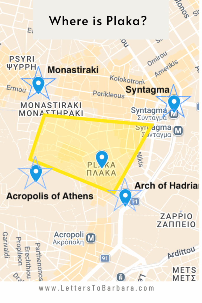 Where to stay in Plaka and a map showing the borders of Plaka and where exactly it is located in Athens