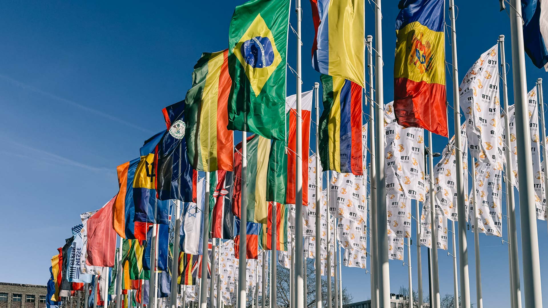 Flags outside the Messe building