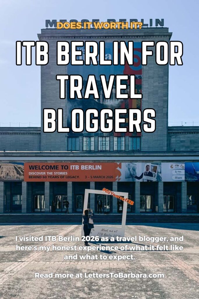 A Pinterest Pin for an article about visiting the ITB Berlin as a travel blogger written by George Pavlopoulos for the travel blog Letters to Barbara