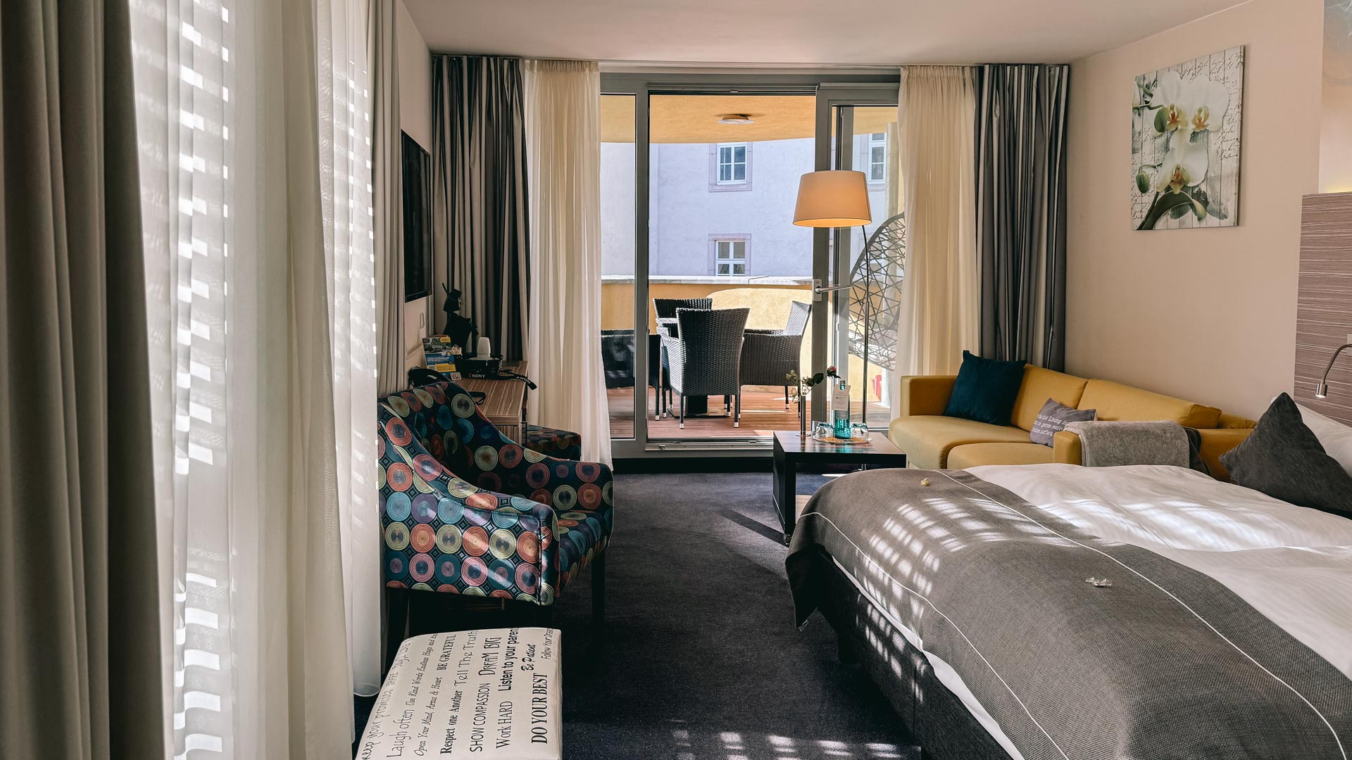 The interior of a room with balcony at the Book Hotel in Leipzig