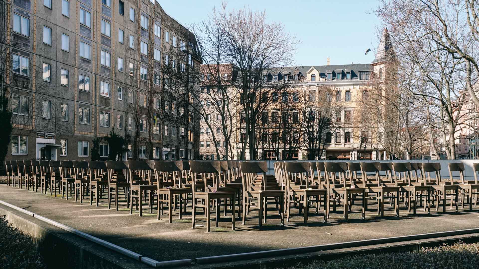 The empty chairs of the Holocaust Memorial in Leipzig, Germany