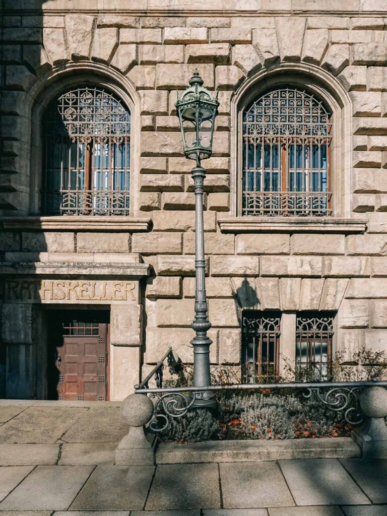 The last gas lantern outside of the town hall in Leipzig, Germany