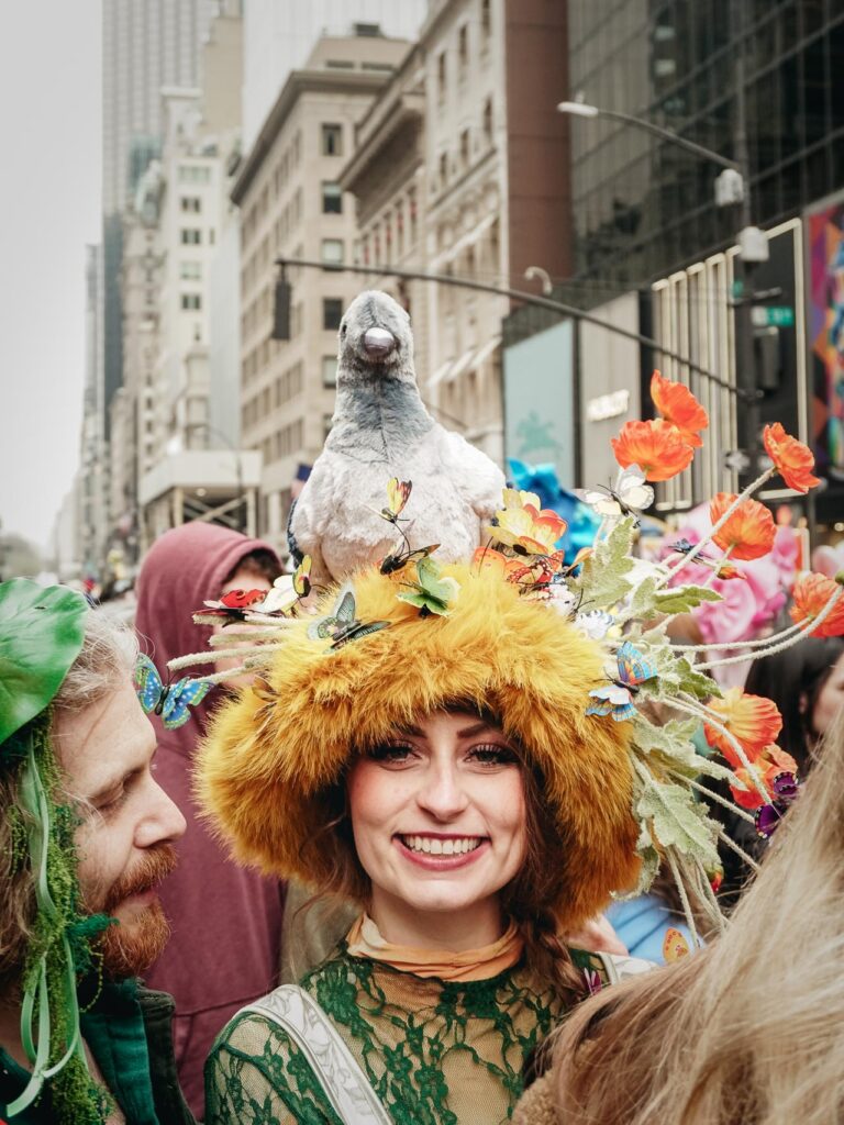 A woman with a bird hat during the New York Easter Parade