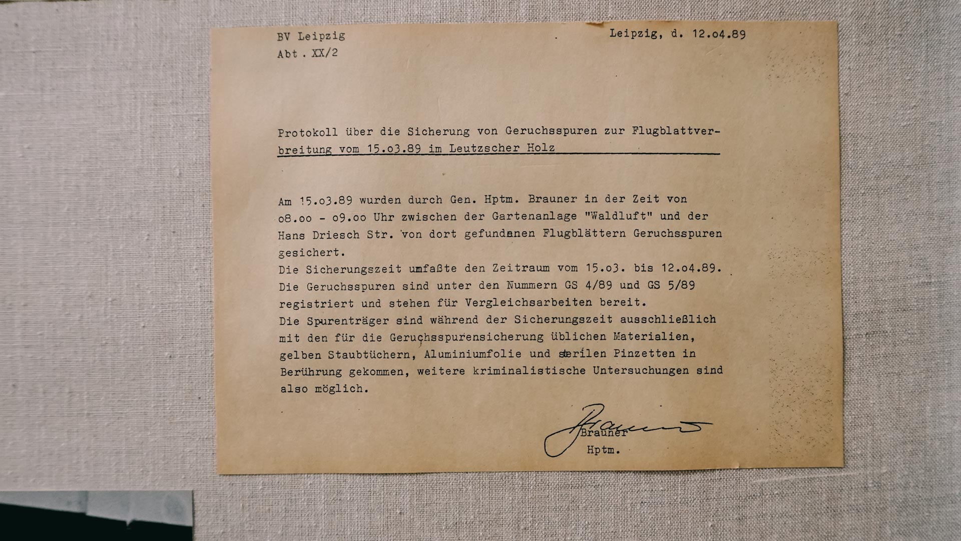 An internal note for the smell of a person at the Stasi Museum In Leipzig