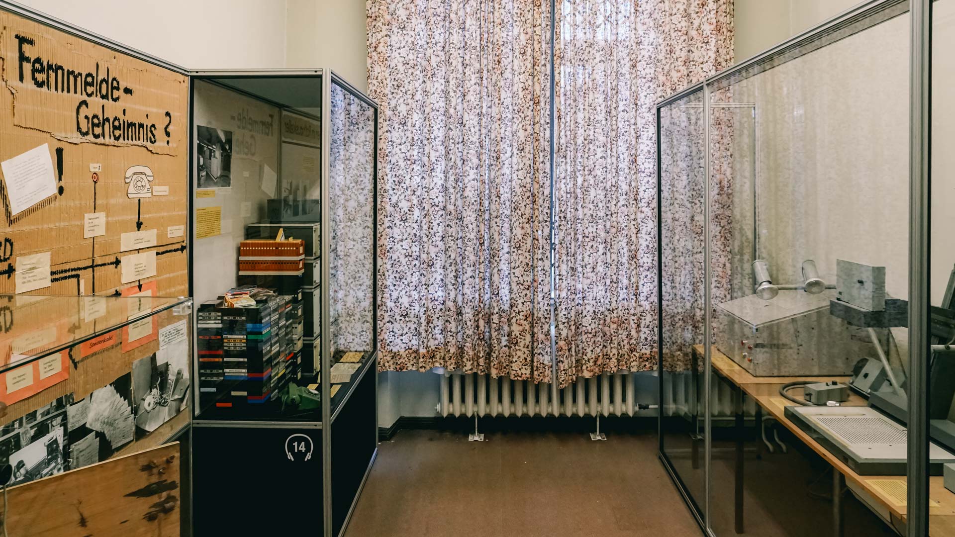 A room featuring objects of surveillance in the Runde Ecke, the Stasi Museum In Leipzig