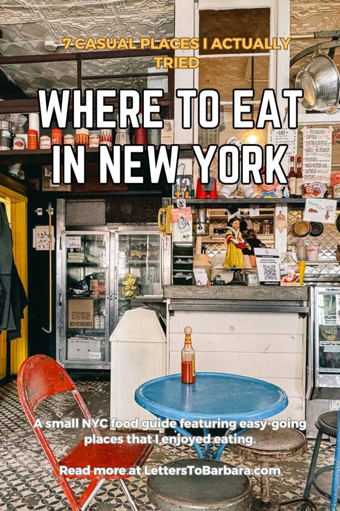 A Pinterest Pin for an article about where to eat in New York written by George Pavlopoulos for the travel blog Letters to Barbara