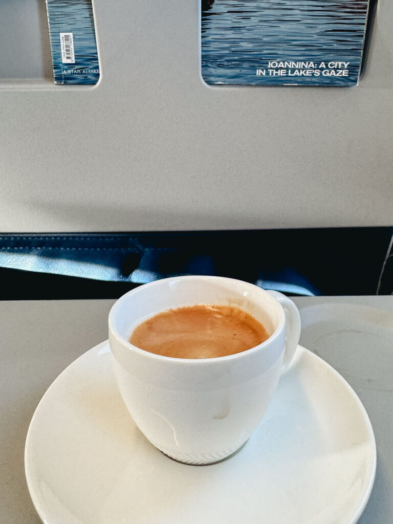 A cup of espresso on an Aegean Airlines Business Class flight
