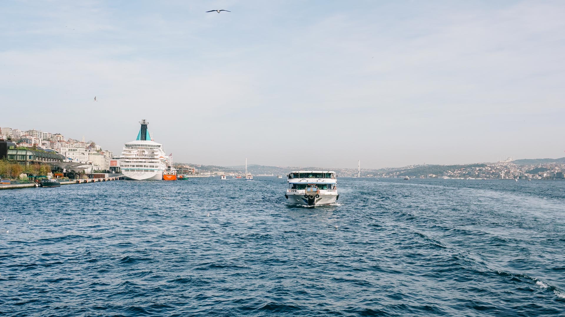 The two sides of Bosporus in Istanbul and a ferry crossing seen from the water